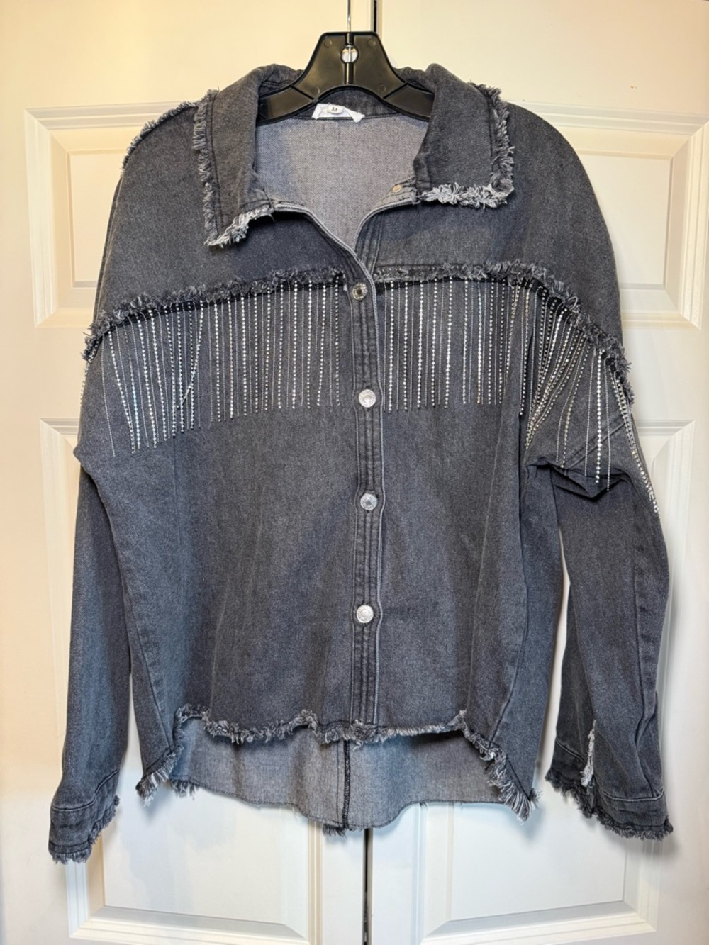 Distressed Washed Black Charcoal Jean Jacket with Rhinestone Fringe Trim